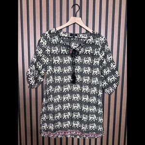 Tolani Dress Small Black White Elephant Art Half Sleeve 100% Silk Eastern Asian